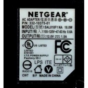 CARGADOR / ADAPTADOR DE FUENTE DE ALIMENTACION AC NETGEAR / VCA-VCD / NUMERO DE PARTE 332-10375-01 / ENTRADA VCA 100-120V~47-63HZ 0.6A / SALIDA VCD 12.0V 1.5A  / 18.0W / MODELO SAL018F1NA